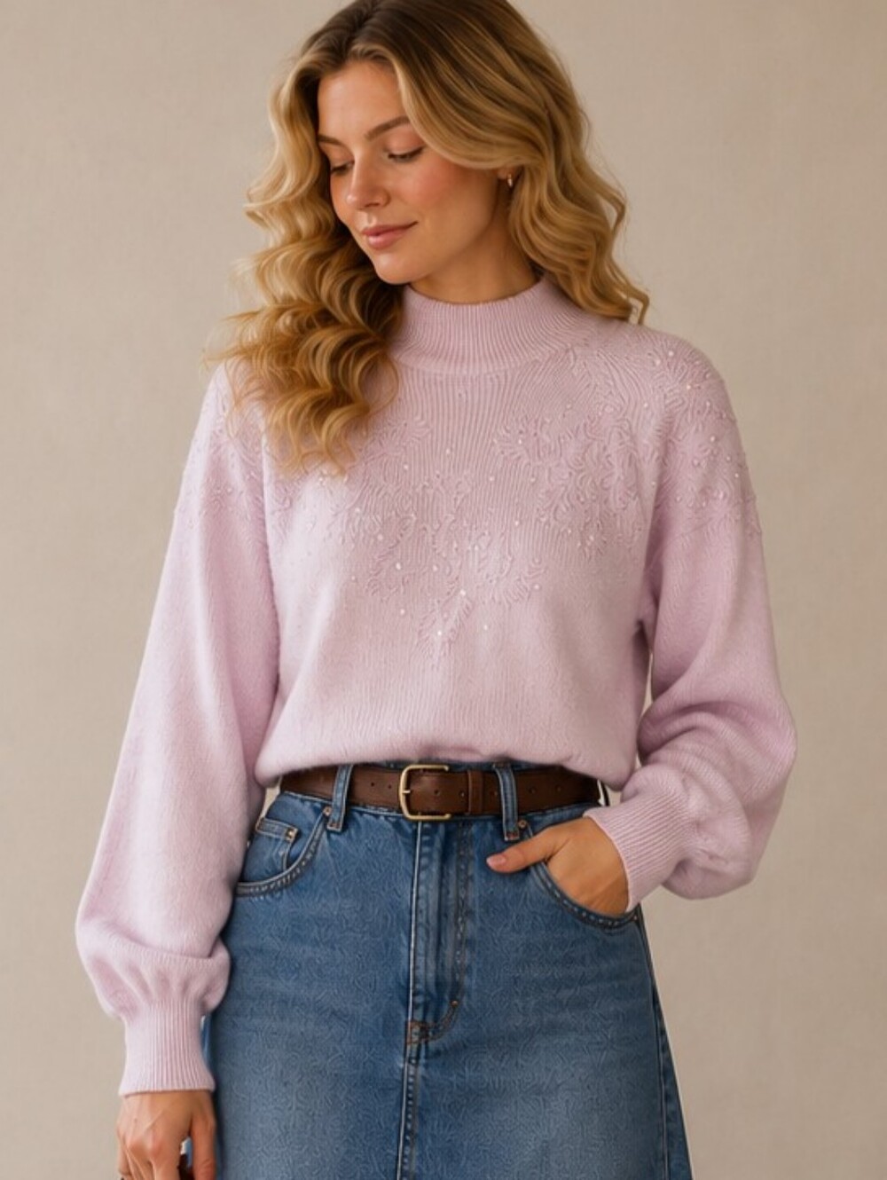 BEAUTIFUL VINTAGE PERSUASION MOCK NECK BEADED PINK SWEATER - LARGE - LOOKS NEW
